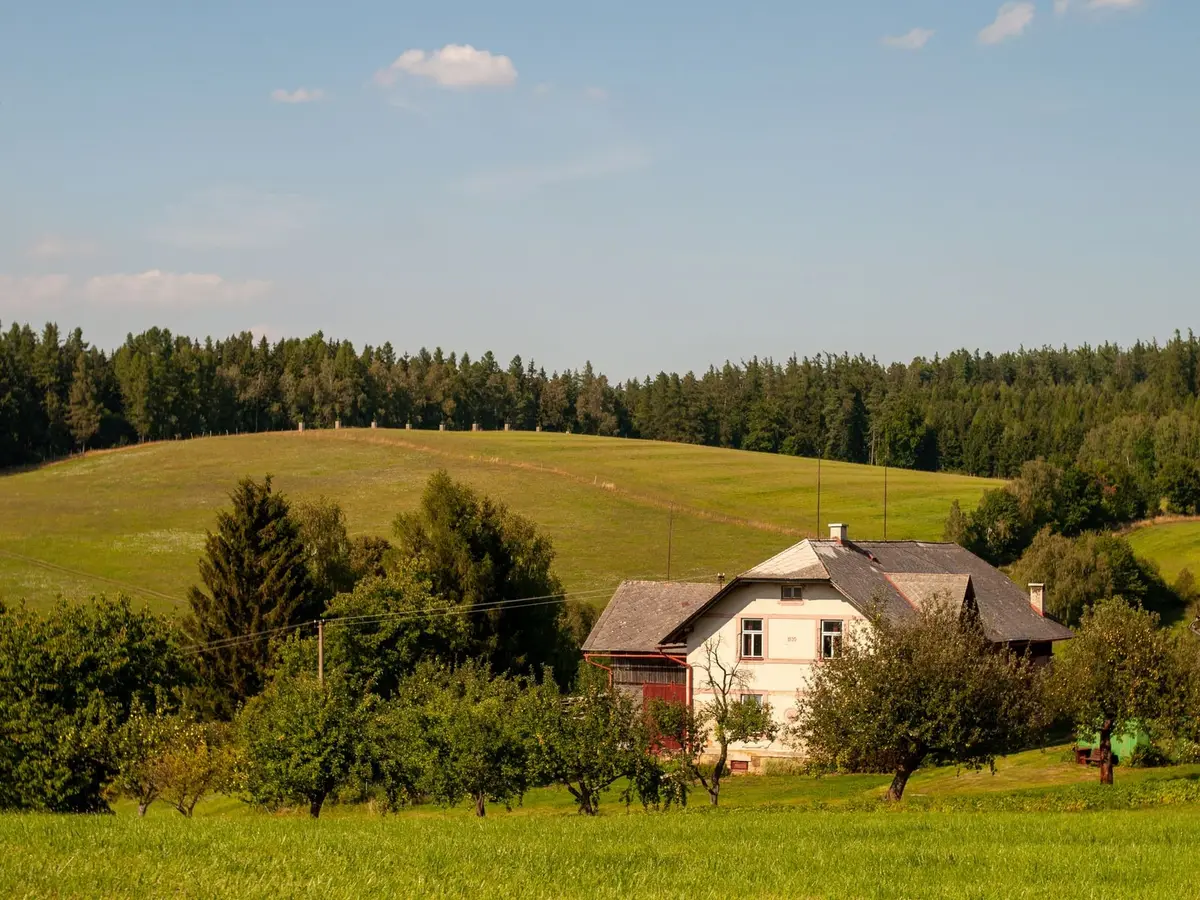 A white farmhouse in a green field, with trees and a forested hill under a blue sky
