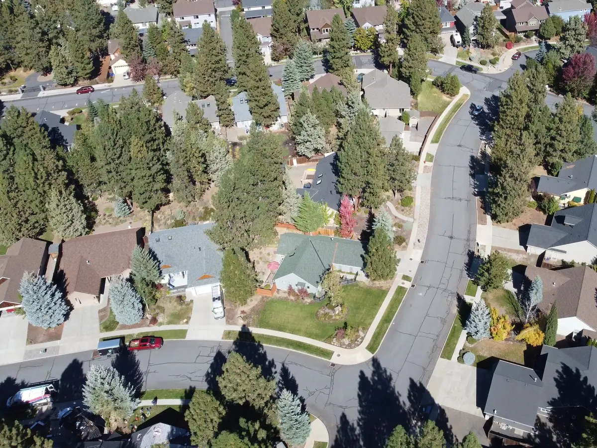 An aerial view of a sunny neighborhood, with houses, tall evergreens, and lawns of different sizes along curving streets